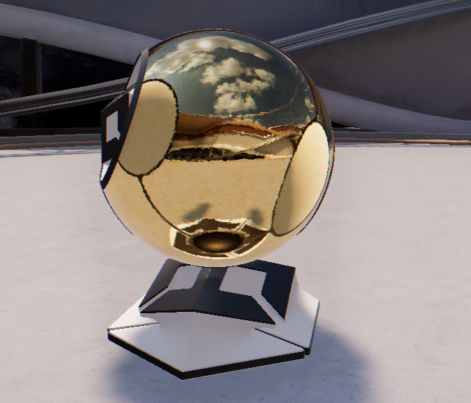 Terminal v3: the reflective gold sphere and its stand in the architectural scene